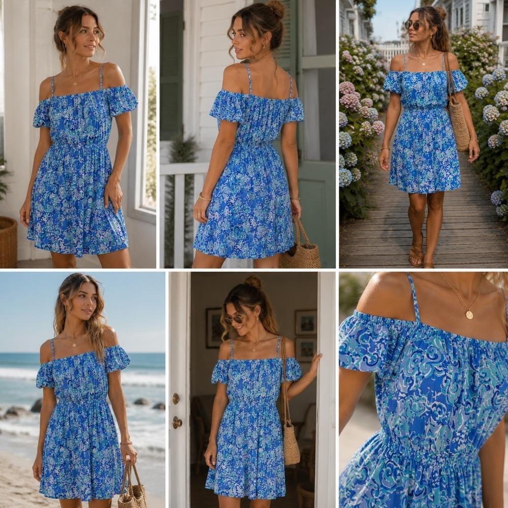 Lilly Pulitzer Samia Romper Dress Womens M Blue Floral Off Shoulder Preppy Beach